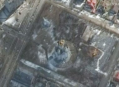 A satellite image shows first signs of excavation of a mass grave on the grounds of the Church of St. Andrew and Pyervozvannoho All Saints, in Bucha, Ukraine, March 10, 2022. Picture taken March 10, 2022. Satellite image 2022 Maxar Technologies/Handout via REUTERS