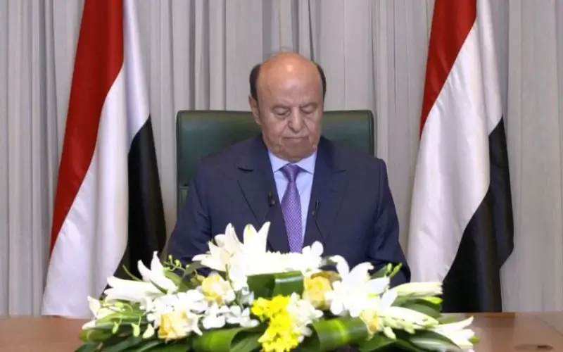 Yemen's President Abd-Rabbu Mansour Hadi delivers a speech as he delegates his own powers to a presidential council, in Riyadh, Saudi Arabia April 7, 2022 in this screen grab taken from a handout video. Yemen TV/via REUTERS TV