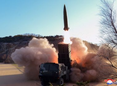 A new type of tactical guided weapon is launched from a transporter erector launcher in a photo released by North Korea‘s state-run Korean Central News Agency on Sunday. (Yonhap)