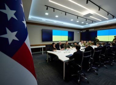 U.S. Secretary of State Antony Blinken and U.S. Defense Secretary Lloyd Austin attend a meeting with Ukraine's President Volodymyr Zelenskiy, as Russia's attack on Ukraine continues, in Kyiv, Ukraine April 24, 2022. Ukrainian Presidential Press Service/Handout via REUTERS