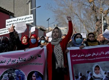 Afghan women shout slogans during a rally to protest against what the protesters say is Taliban restrictions on women, in Kabul, Afghanistan, December 28, 2021. REUTERS/Ali Khara/File Photo