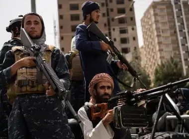 Taliban fighters outside Kabul University, Afghanistan. (AP Photo/Bernat Armangue)