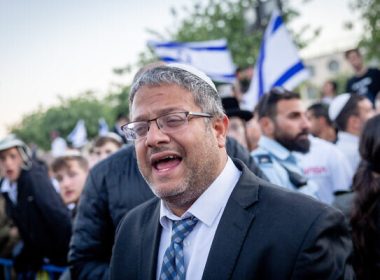 MK Itamar Ben Gvir attends a march by right-wing activists through Jerusalem's Old City, April 20, 2022. (Yonatan Sindel/Flash90)