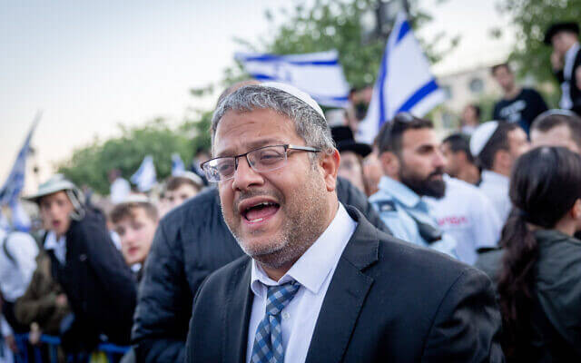 MK Itamar Ben Gvir attends a march by right-wing activists through Jerusalem's Old City, April 20, 2022. (Yonatan Sindel/Flash90)