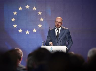 European Council President Charles Michel speaks during a ceremony at the port of Alexandroupolis, northern Greece, Tuesday, May 3, 2022. Top European Union official Charles Michel is joining the leaders of four Balkan countries on a tour of liquefied natural gas facilities being built in northern Greece to challenge Russia's energy dominance in the region. (Dimitris Papamitsos/Greek Prime Minister's Office via AP)