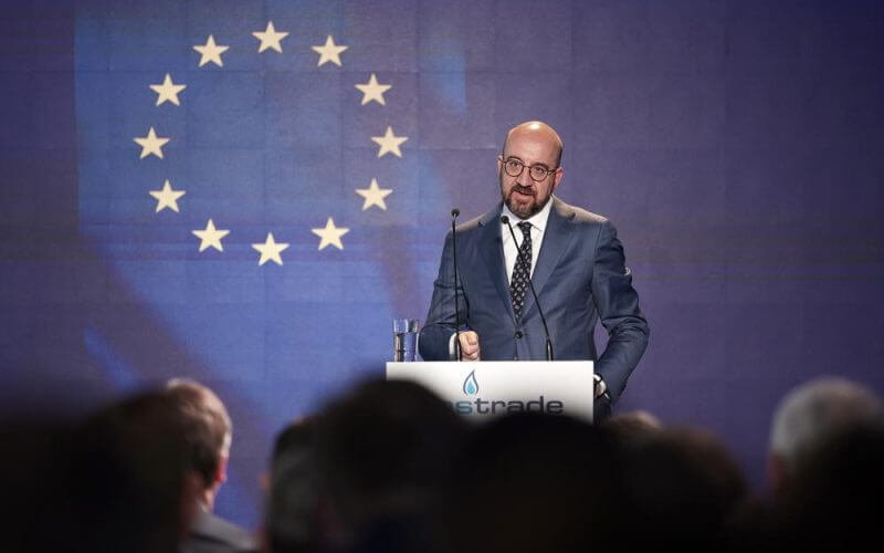 European Council President Charles Michel speaks during a ceremony at the port of Alexandroupolis, northern Greece, Tuesday, May 3, 2022. Top European Union official Charles Michel is joining the leaders of four Balkan countries on a tour of liquefied natural gas facilities being built in northern Greece to challenge Russia's energy dominance in the region. (Dimitris Papamitsos/Greek Prime Minister's Office via AP)