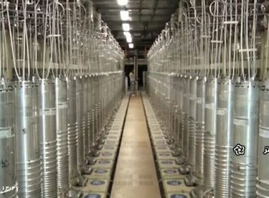 Various centrifuge machines line a hall at the Natanz Uranium Enrichment Facility, on April 17, 2021. (Screenshot, Islamic Republic Iran Broadcasting-IRIB, via AP)