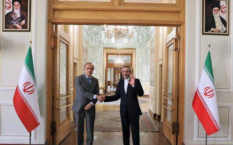 In this photo released by the Iranian Foreign Ministry, Enrique Mora, the European Union coordinator of talks to revive Iran's nuclear accord with world powers, left, shakes hands with Iran's top nuclear negotiator Ali Bagheri Kani, in Tehran, Iran, Wednesday, May 11, 2022. Mora traveled to Tehran as the bloc makes a last-ditch effort to salvage the tattered deal after a weekslong standstill. (Iranian Foreign Ministry via AP)