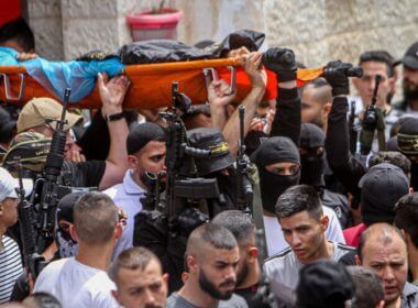 Armed members of Palestinian Islamic Jihad participate in the May 21, 2022, funeral of a Amjad Fayed, who was killed during a gun battle with Israeli forces in Jenin earlier in the day. Photo by Nasser Ishtayeh/Flash90.