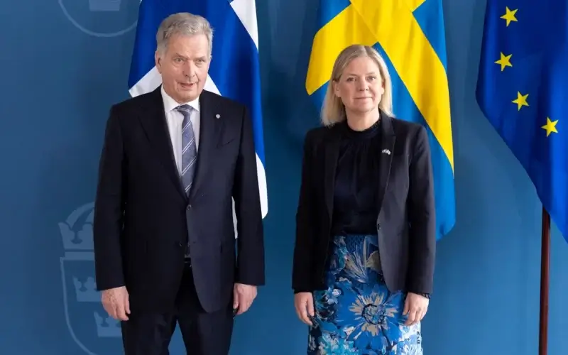 Finlands President Sauli Niinistö poses for a picture with Swedish Prime Minister Magdalena Andersson at the Adelcrantz Palace on May 17, 2022 in Stockholm | Michael Campanella/Getty Images