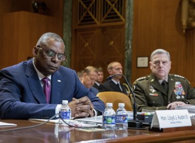 Chairman of the Joint Chiefs of Staff Gen. Mark Milley, right, and Secretary of Defense Lloyd Austin testify to the Senate Appropriations Committee Subcommittee on Defense, Tuesday, May 3, 2022 on Capitol Hill in Washington. (Amanda Andrade-Rhoades/The Washington Post via AP, Pool)