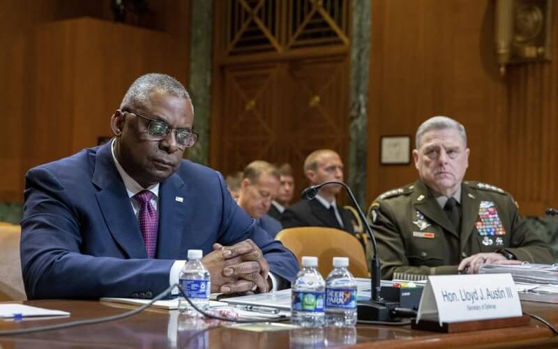 Chairman of the Joint Chiefs of Staff Gen. Mark Milley, right, and Secretary of Defense Lloyd Austin testify to the Senate Appropriations Committee Subcommittee on Defense, Tuesday, May 3, 2022 on Capitol Hill in Washington. (Amanda Andrade-Rhoades/The Washington Post via AP, Pool)