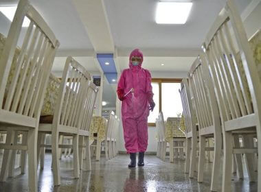 A worker disinfects a dining room at a sanitary supplies factory amid growing fears over the spread of COVID-19 in Pyongyang, North Korea, in this photo taken May 16. Reuters-Yonhap