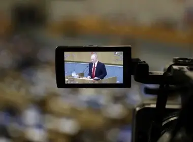 Russia's President Vladimir Putin is seen on the monitor of a TV camera as he delivers a speech during a session of the lower house of parliament to consider constitutional changes in Moscow, Russia March 10, 2020. REUTERS/Evgenia Novozhenina