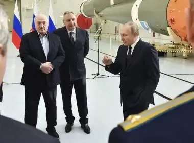 Russian President Vladimir Putin, right, Belarusian President Alexander Lukashenko, left, and Russian Roscosmos head Dmitry Rogozin visit the Vostochny cosmodrome. (Evgeny Biyatov, Sputnik, Kremlin Pool Photo via AP)