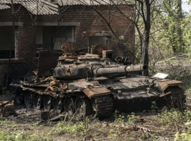 A destroyed Russian tank sits near a home east of Kharkiv in Biskvitne, Ukraine, on Saturday. Photo by Ken Cedeno/UPI