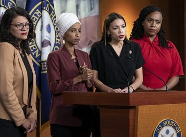 (From left) Democratic representatives Rashida Tlaib of Michigan, Ilhan Omar of Minnesota, Alexandria Ocasio-Cortez of New York and Ayanna Pressley of Massachusetts respond to remarks by US President Donald Trump after his call for the four Democratic congresswomen to go back to their 'broken' countries, during a news conference at the Capitol in Washington, on July 15, 2019. (AP Photo/J. Scott Applewhite)
