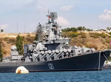 The Russian missile cruiser Moskva, the flagship of Russia’s Black Sea Fleet is seen anchored in the Black Sea port of Sevastopol, on Sept. 11, 2008. (Efrem Lukatsky/AP)