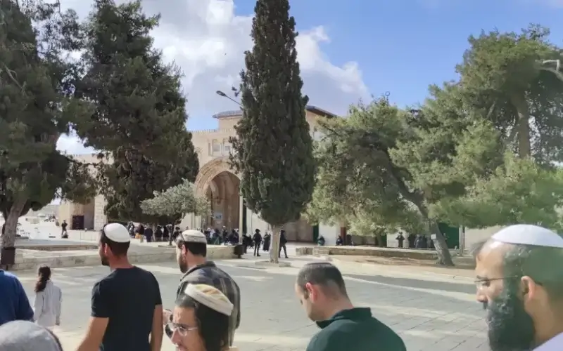 A group of Jewish visitors walk across the Temple Mount, escorted by Israel Police while Palestinians riot in the background. (photo credit: TZVI JOFFRE)