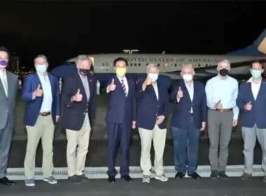 Sens. Lindsey Graham, Bob Menendez, Richard Burr, Rob Portman and Ben Sasse, and Rep. Ronny Jackson arrive in Taiwan, April 14, 2022. (Ministry of Foreign Affairs of Taiwan)