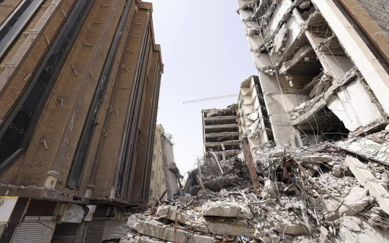 In this photo released by official website of the office of Iranian Senior Vice-President, on Friday, May 27, 2022, ruins of a tower at under construction 10-story Metropol Building remains after it collapsed on Monday, in the southwestern city of Abadan, Iran. (Iranian Senior Vice-President Office via AP)