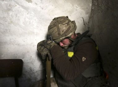 Ukrainian servicemen rest in a shelter near the small city of Bakhmut, in the Donetsk region of Ukraine on Saturday. Photo by EPA-EFE