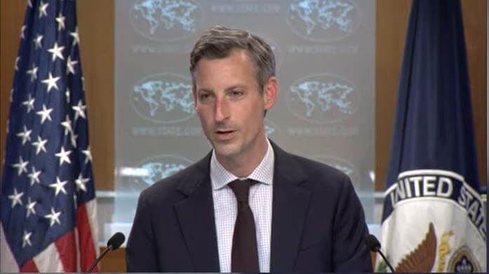 Department of State Press Secretary Ned Price is seen answering a question in a daily press briefing at the department in Washington on May 4, 2022 in this image captured from the department's website. (Yonhap)