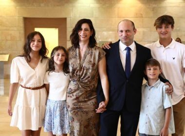 Prime Minister Naftali Bennett, his wife Gilat and their four children at the Knesset on June 13, 2021. (Naftali Bennett/Instagram)