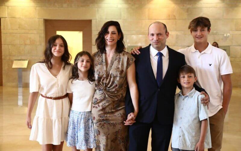 Prime Minister Naftali Bennett, his wife Gilat and their four children at the Knesset on June 13, 2021. (Naftali Bennett/Instagram)