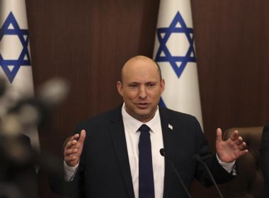 Israeli Prime Minister Naftali Bennett speaks during a weekly cabinet meeting in Jerusalem on Sunday, May 1, 2022. Bennett says he accepted an apology from Russian President Vladimir Putin for controversial remarks about the Holocaust made by Moscow’s top diplomat. But there was no mention of an apology in the Russian statement on Thursday, May 4, call between the two leaders. (Menahem Kahana/Pool Photo via AP, File)