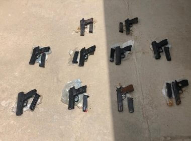 Weapons seized by security forces near al-Auja in the West Bank, after an alleged gun-smuggling over the border with Jordan on May 2, 2022. (Israel Police)