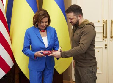 In this image released by the Ukrainian Presidential Press Office on Sunday, May 1, 2022, Ukrainian President Volodymyr Zelenskyy, right, awards the Order of Princess Olga, the third grade, to U.S. Speaker of the House Nancy Pelosi in Kyiv, Ukraine, Saturday, April 30, 2022. Pelosi, second in line to the presidency after the vice president, is the highest-ranking American leader to visit Ukraine since the start of the war, and her visit marks a major show of continuing support for the country's struggle against Russia. (Ukrainian Presidential Press Office via AP)