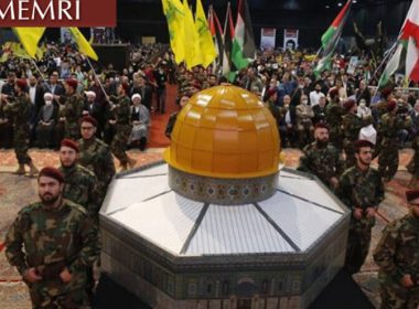 Hezbollah members with a model of the Dome of the Rock at a Quds Day (“Jerusalem Day”) rally in Beirut on April 29, 2022. Source: Alahednews.com.lb via MEMRI.