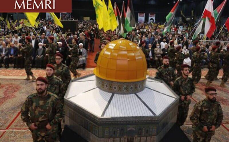 Hezbollah members with a model of the Dome of the Rock at a Quds Day (“Jerusalem Day”) rally in Beirut on April 29, 2022. Source: Alahednews.com.lb via MEMRI.
