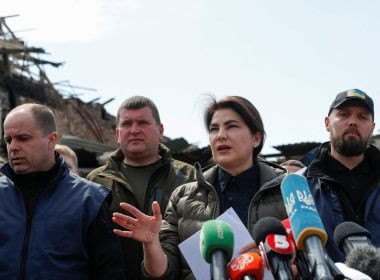 Ukraine's Prosecutor General Iryna Venediktova holds a news briefing, as Russia's attack on Ukraine continues, in the town of Irpin, outside Kyiv, Ukraine May 3, 2022. REUTERS/Valentyn Ogirenko