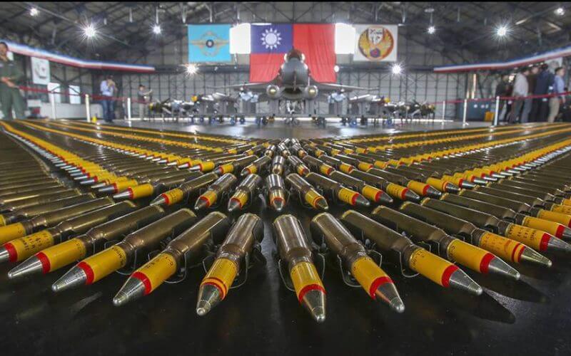 Bullets are seen in front of an American-made F-16V fighter during a military exercise in Taiwan on Jan. 15, 2020. (Chiang Ying-ying/AP)