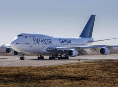 A Venezuelan-owned Boeing 747 taxis on the runway after landing in the Ambrosio Taravella airport in Cordoba, Argentina, Monday, June 6, 2022. (AP Photo/Sebastian Borsero)