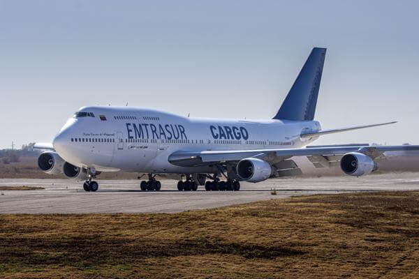 A Venezuelan-owned Boeing 747 taxis on the runway after landing in the Ambrosio Taravella airport in Cordoba, Argentina, Monday, June 6, 2022. (AP Photo/Sebastian Borsero)