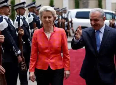 President of the European Commission Ursula von der Leyen is welcomed by Palestinian Prime Minister Mohammad Shtayyeh in Ramallah, June 14, 2022. (photo credit: REUTERS/MOHAMAD TOROKMAN)