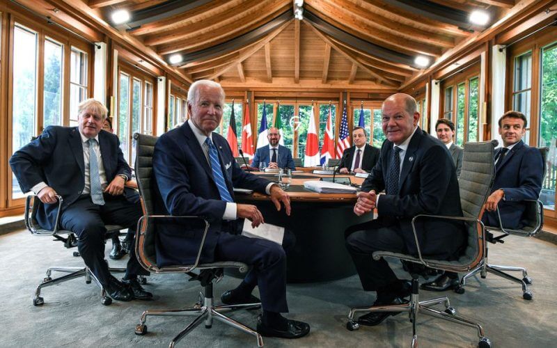U.S. President Joe Biden attends a working lunch with other G7 leaders to discuss shaping the global economy at the Yoga Pavilion, Schloss Elmau in Kuren, Germany, June 26, 2022. Kenny Holston/Pool via REUTERS