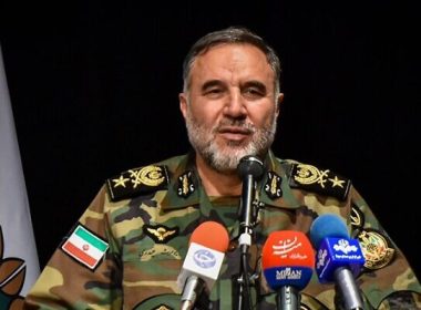 The commander of the Iranian military's ground forces, Kiumars Heydari, speaks to the press in an undated photo (screenshot)