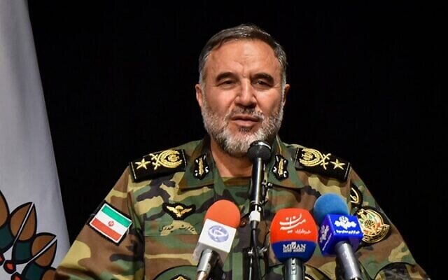 The commander of the Iranian military's ground forces, Kiumars Heydari, speaks to the press in an undated photo (screenshot)