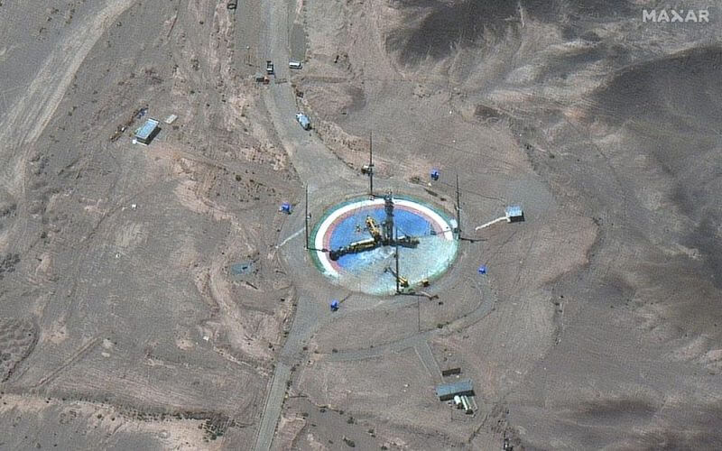 The images from Maxar Technologies showed a launch pad at Imam Khomeini Spaceport in Iran’s rural Semnan province, the site of frequent recent failed attempts to put a satellite into orbit. (Satellite image ©2022 Maxar Technologies via AP)