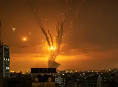 Rockets launched towards Israel from the northern Gaza Strip and response from the Israeli missile defense system known as the Iron Dome leave streaks through the sky on May 14, 2021 in Gaza City, Gaza. (Fatima Shbair/Getty Images)
