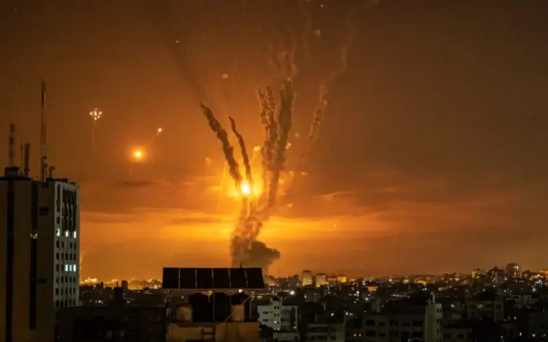 Rockets launched towards Israel from the northern Gaza Strip and response from the Israeli missile defense system known as the Iron Dome leave streaks through the sky on May 14, 2021 in Gaza City, Gaza. (Fatima Shbair/Getty Images)