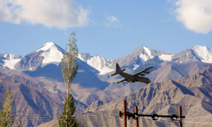 An Indian Air Force Hercules military transport plane prepares to land at an airbase in Leh, the joint capital of the union territory of Ladakh bordering China, on September 8, 2020. (Mohd Arhaan Archer/AFP via Getty Images)