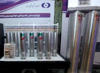 A number of new generation Iranian centrifuges are seen on display during Iran's National Nuclear Energy Day in Tehran, Iran April 10, 2021 (photo credit: IRANIAN PRESIDENCY OFFICE/WANA (WEST ASIA NEWS AGENCY)/HANDOUT VIA REUTERS)