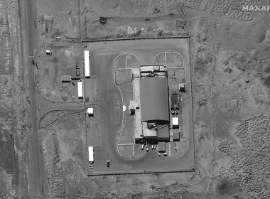This satellite image from Maxar Technologies shows vehicles at the checkout building at Imam Khomeini Space Center southeast of Semnan, Iran on Tuesday, June 14, 2022. (Satellite image ©2022 Maxar Technologies via AP)