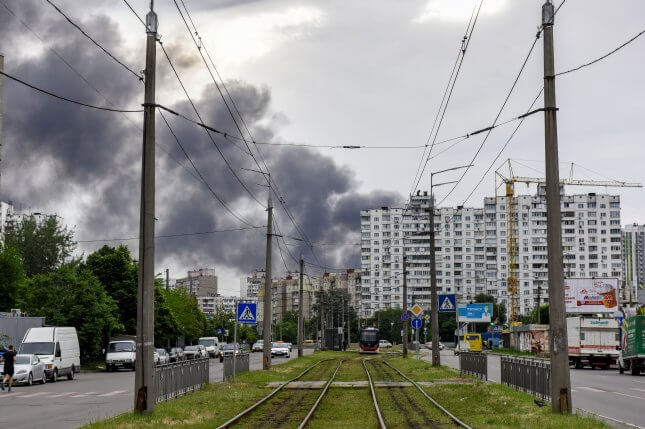 Smoke rises from a residential area in Kyiv, Ukraine, on Sunday as Russian missiles targeted the Ukraine capital for the first time since April 29. Photo by Oleg Petrasyuk/EPA-EFE