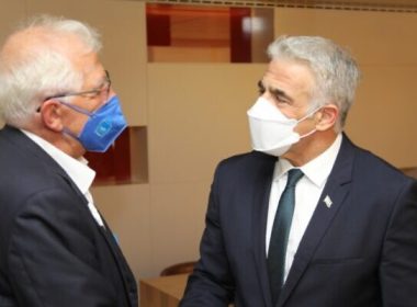 Foreign Minister Yair Lapid (right) and the European Union's top diplomat, Josep Borrell, in Brussels on July 11, 2021. (Twitter)